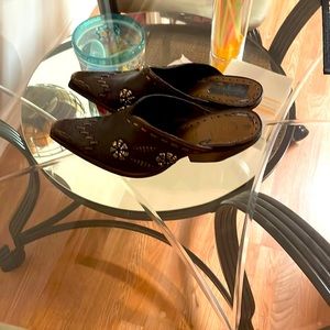 Vintage BCBGirls, Girls Brown and Gold Leather Cowboy Mules Slides 7.5